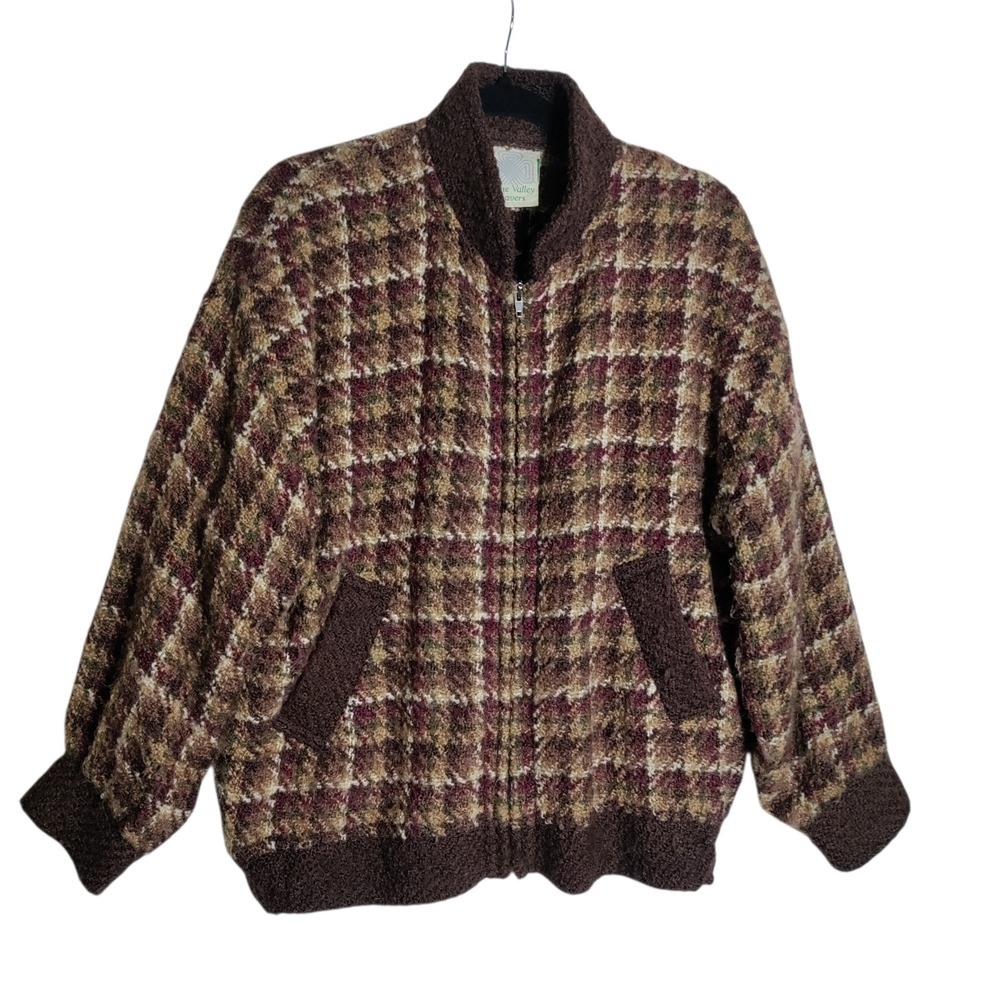 Boyne Valley Weavers Wool Blend Plaid Bomber Jacket Brown Made In Ireland Medium